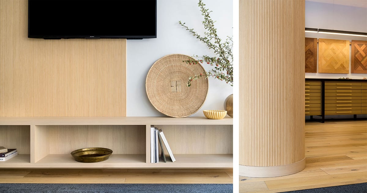 Havwoods Showroom featuring curved and flat timber H Flex HW230001 White Oak R4